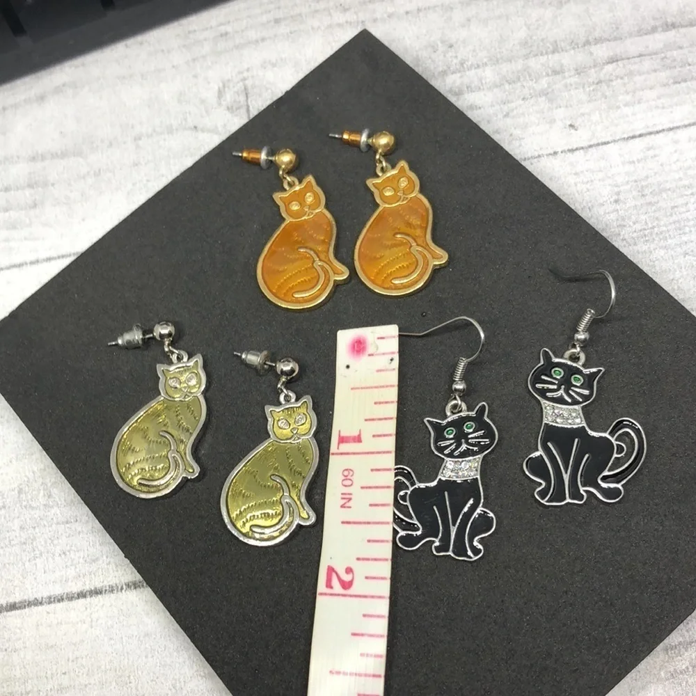 Bundle lot 3 pairs kitty cat dangle drop enamel earrings cat lovers, whimsy.